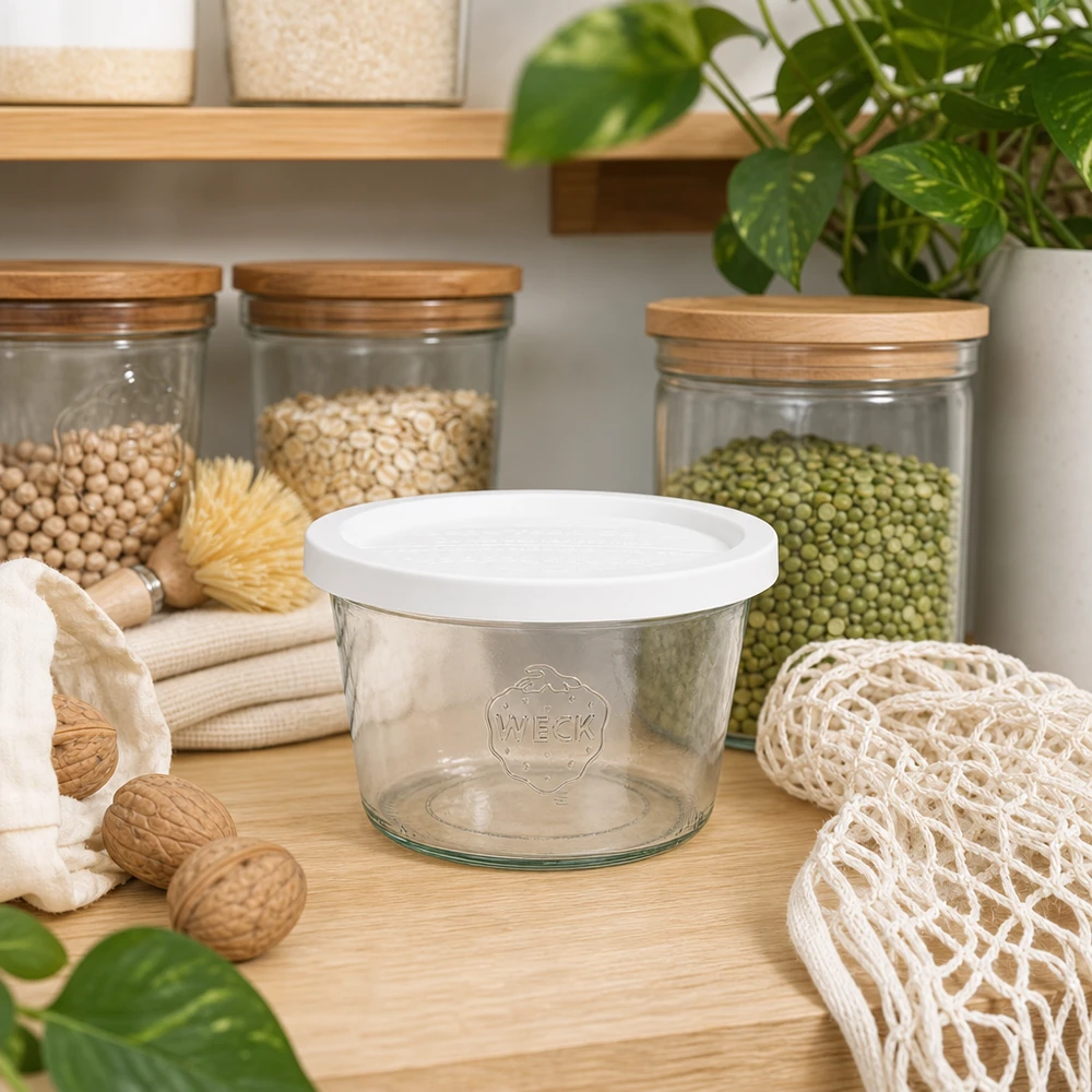 Zavařovací sklenice 370ml se skleněným víčkem WECK RR100 pro zachování čerstvosti. WECK Sturzglas 370ml RR100 in nachhaltiger Zero-Waste Küche mit Vorratsgläsern Hülsenfrüchten und Öko-Zubehör