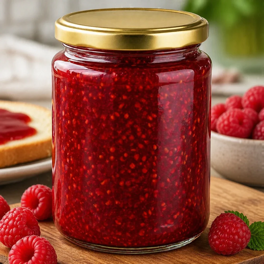 450g BasicSeal Honigglas mit goldenem Deckel gefüllt mit Himbeermarmelade umgeben von frischen Himbeeren