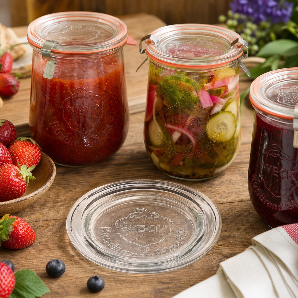 WECK Glasdeckel RR60 in Anwendung mit befüllten Einmachgläsern Marmelade und eingelegtem Gemüse auf Holztisch