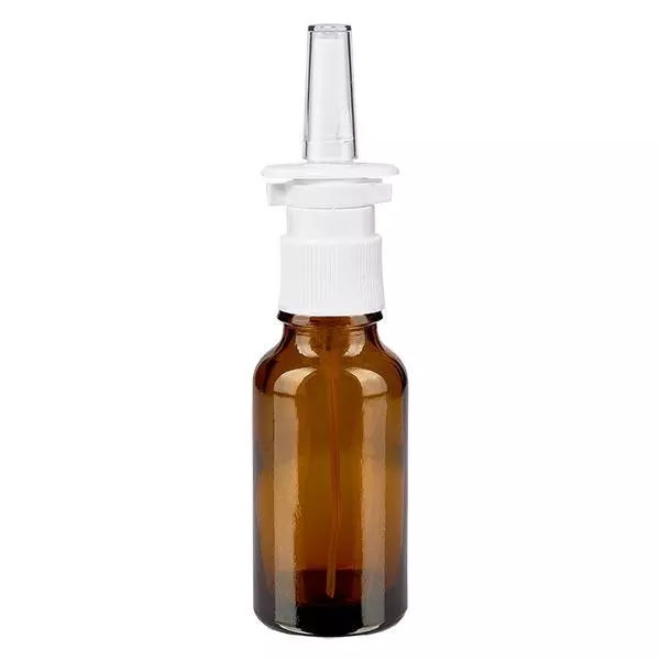 Lékárenská lahvička hnědá 20ml s nosním rozprašovačem bílá stř. Lékárenská lahvička hnědá 20ml s nosním rozprašovačem bílá stř.