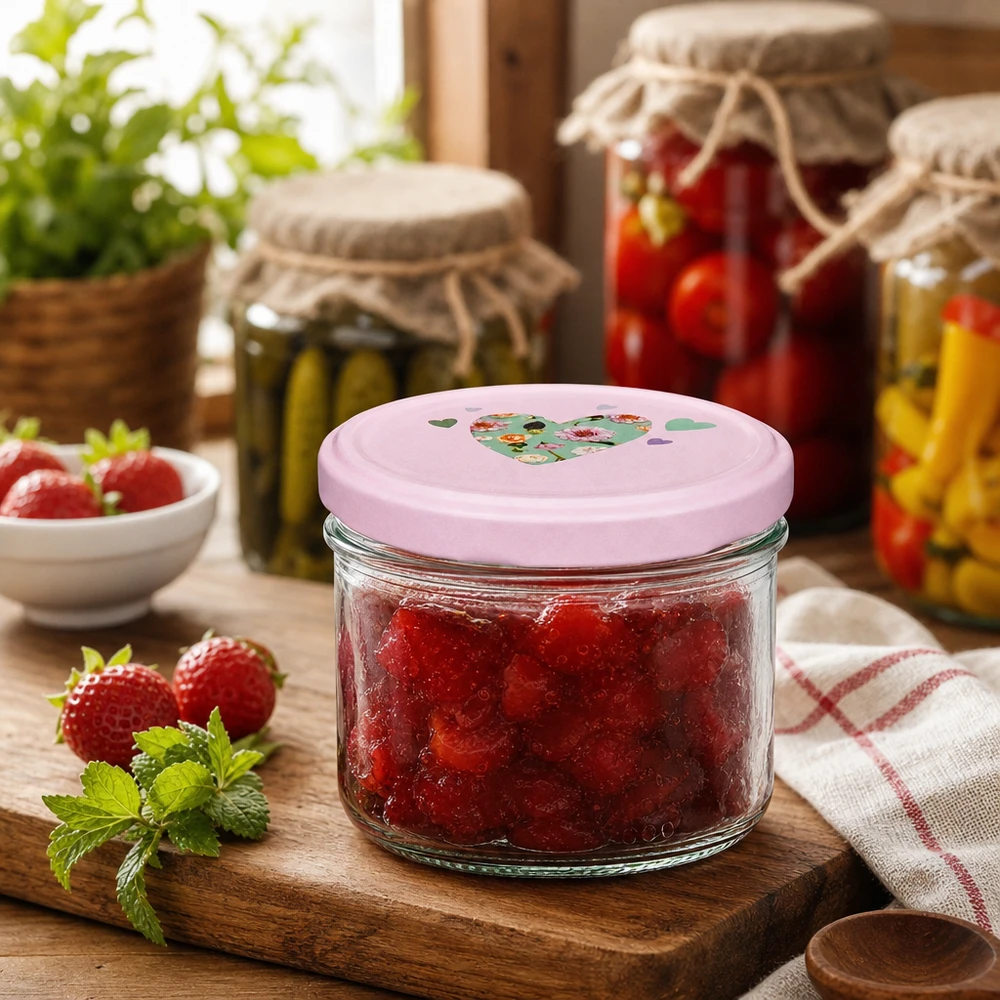 230ml Zylinderglas mit rosa Herz-Deckel gefüllt mit Erdbeermarmelade auf Holzbrett in rustikaler Küche