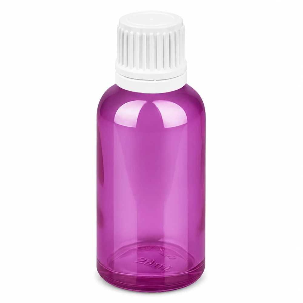 30ml lahvička s kapátkem 0,7mm bílé sklo Originality šroubovací uzávěr PurpleLine UT18/30 30ml Dosierflasche PurpleLine lila mit präzisem 0.7mm Tropfaufsatz weiß