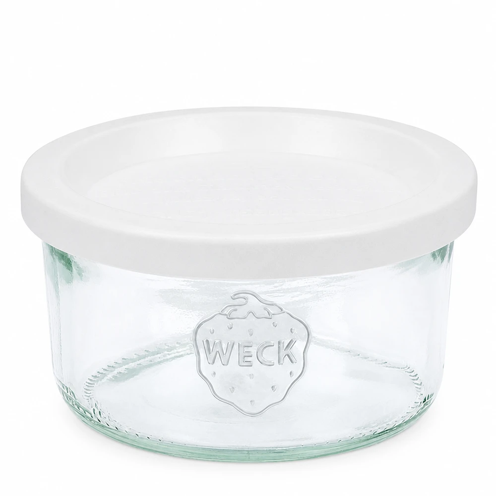 165ml tumble nádoba se skleněným víkem WECK RR80 - Skleněná nádoba se skleněným víkem pro osvěžení. WECK 165ml Sturzglas mit weißem Frischedeckel RR80 Einmachglas aus klarem Glas für Konservierung
