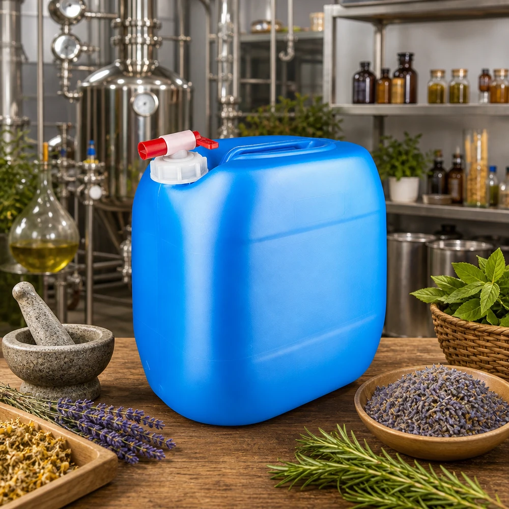 Lebensmittelechter 30 Liter Kanister blau mit Ablasshahn auf Holztisch in professioneller Kräuterküche