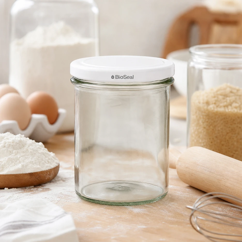 UNiTWIST Sturz350 leeres Glas in Backszene mit Mehl Eiern und Küchenutensilien zeigt vielseitige Verwendung TO82 BioSeal