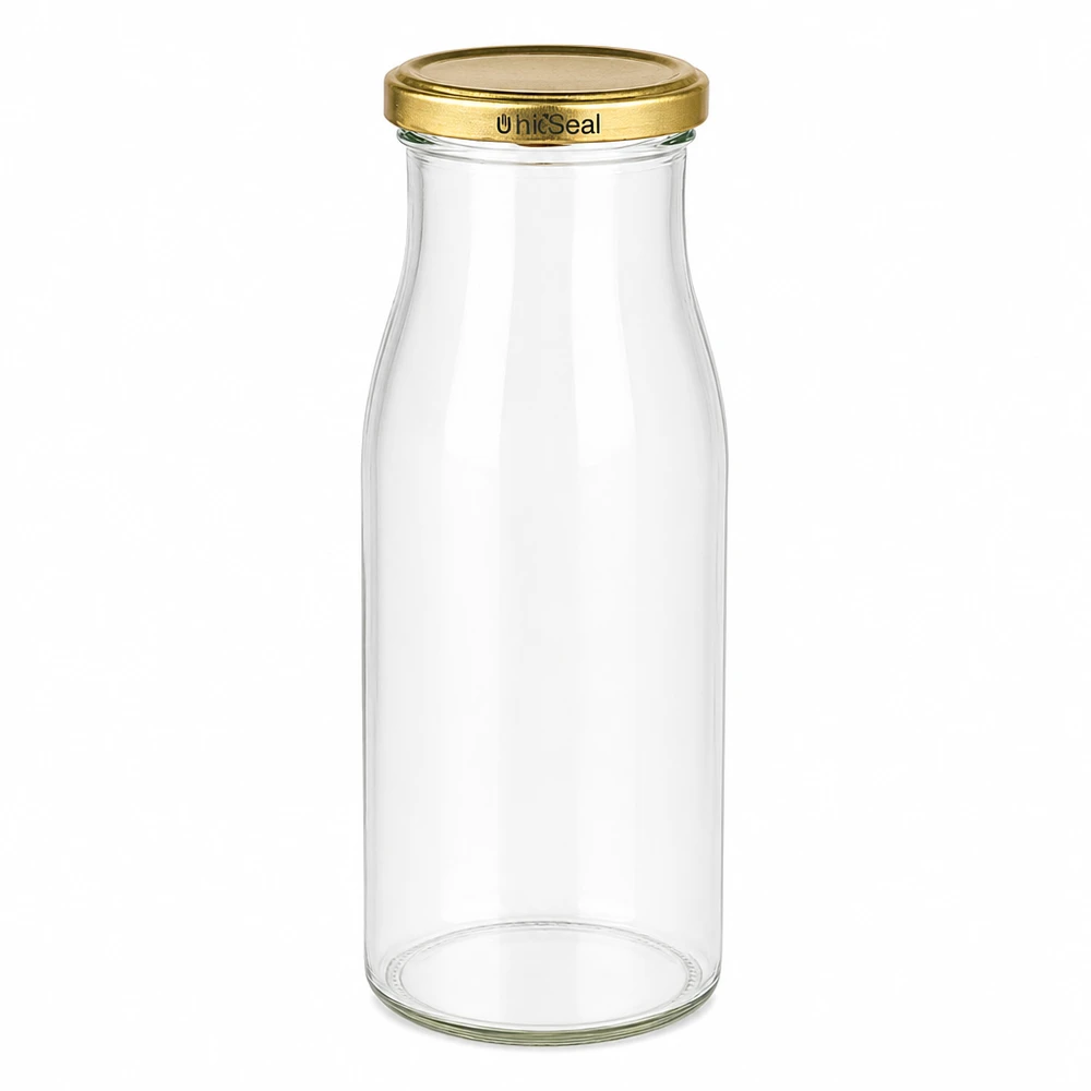 Láhev 150 ml se zlatým víčkem UNiTWIST BioSeal. UNiTWIST Glasflasche 150ml mit goldenem TO43 BioSeal Deckel transparentes Glas Schraubverschluss