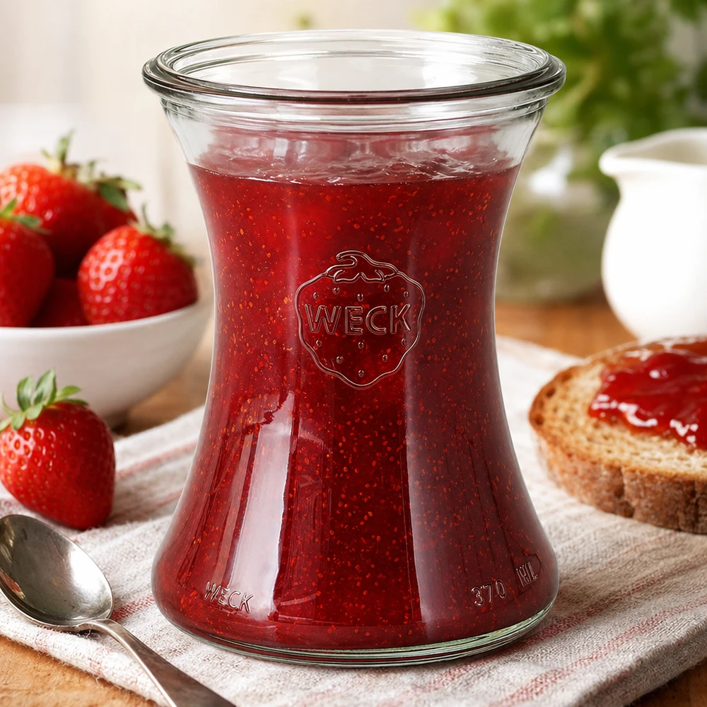 370ml sklenice na lahůdky WECK RR80 s dřevěným dřevem. WECK Delikatessenglas 370ml RR80 mit roter Erdbeermarmelade gefüllt in gemütlichem Frühstückssetting mit Toast