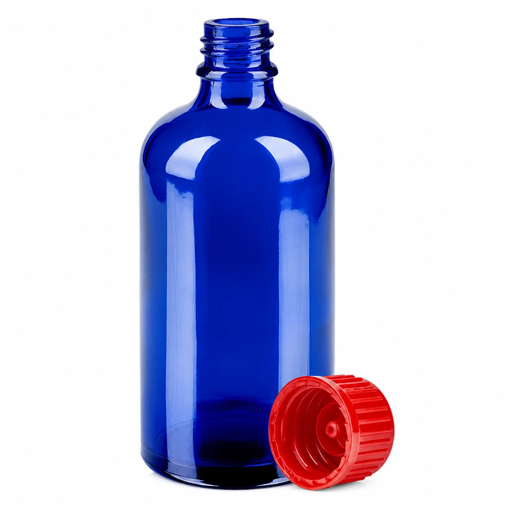 UV-schützende blaue 100ml Glasflasche mit ergonomischem roten Verschluss für einfache Handhabung