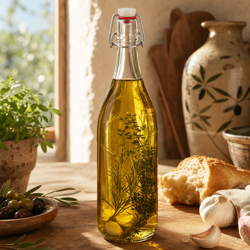 Skleněná láhev o objemu 1000 ml + otočný porcelánový vršek UNiTWIST Glasflasche 1000ml mit Kräuteröl befüllt zeigt vielseitige Verwendung für Küche und Aufbewahrung