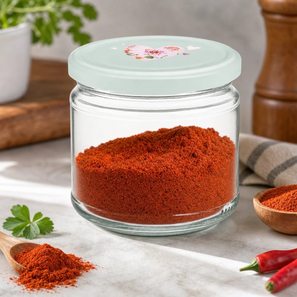 330ml kulatá sklenice + víčko BasicSeal srdíčková máta UNiTWIST 330ml Rundglas gefüllt mit rotem Paprikapulver BasicSeal Deckel Herzmotiv mint Gewürzglas Vorratsglas Küche