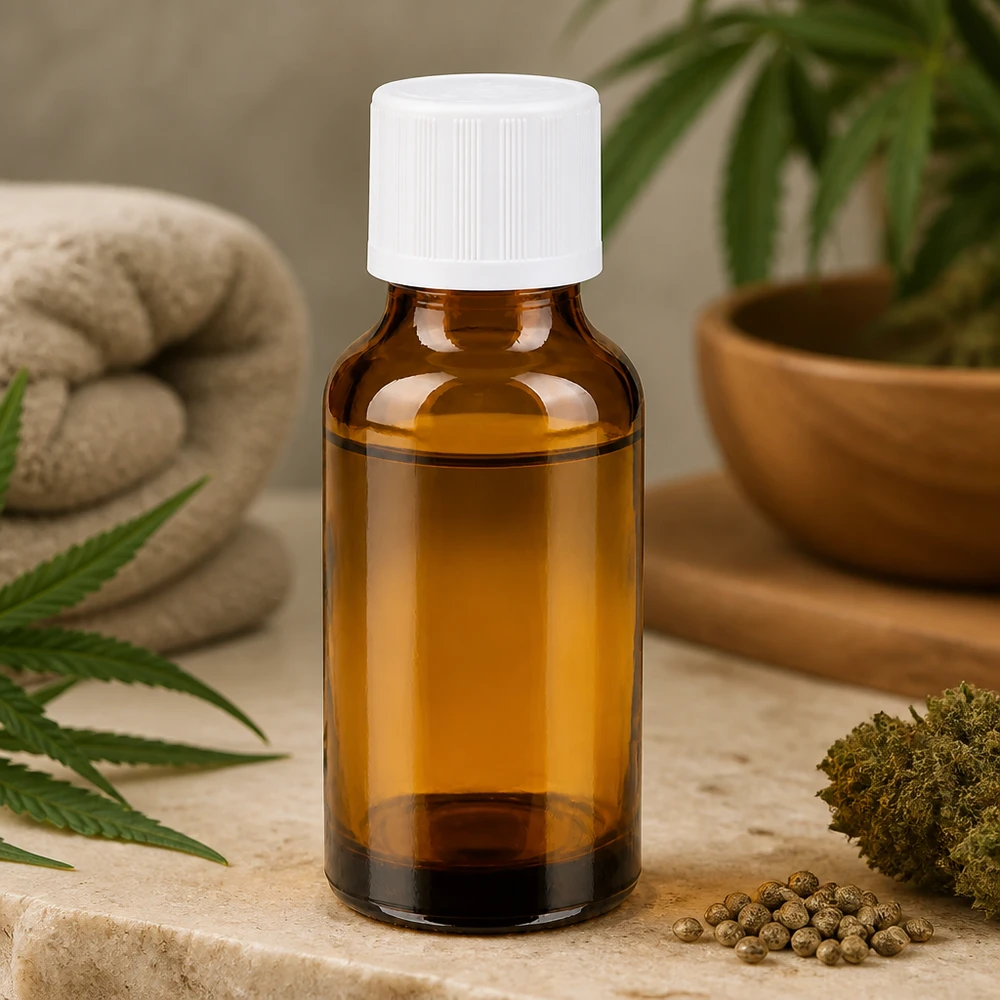 20ml Tropfflasche Apothekenglas neben Hanfblättern Cannabisblüten und Holzschale