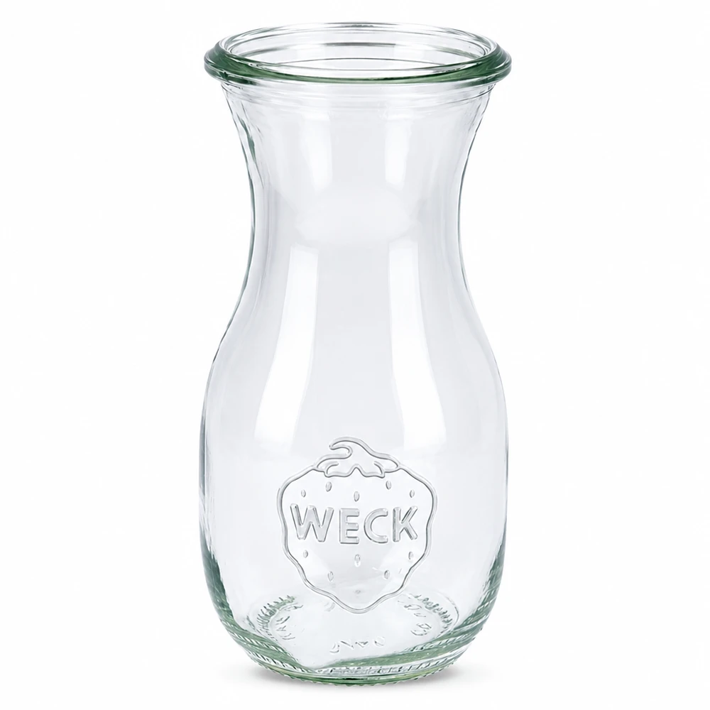 290ml láhev na šťávu WECK RR60 s dřevěným dřevem 290ml WECK Saftflasche RR60 aus klarem Glas mit eingeprägtem Logo und breiter Öffnung für Säfte und Getränke
