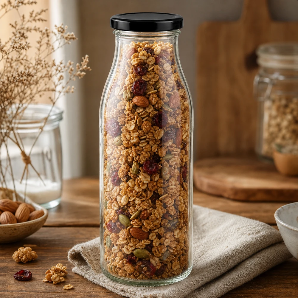 500ml skleněná láhev + víčko BasicSeal černé UNiTWIST 500ml Glasflasche mit schwarzem Deckel gefüllt mit Müsli und Nüssen auf Holztisch rustikale Küchendeko