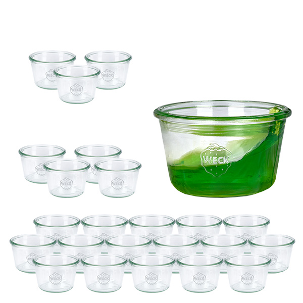 Sada 24 zavařovacích sklenic Weck s objemem 370 ml se skleněnými uzávěry.