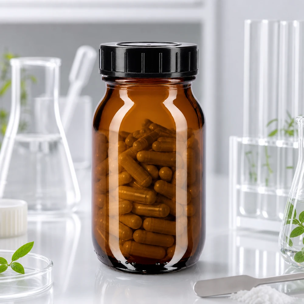 100ml láhev se širokým hrdlem jantarové sklo se šroubovacím uzávěrem Kompakte Braunglasflasche 100ml mit großer Öffnung für Labor und Apotheke geeignet