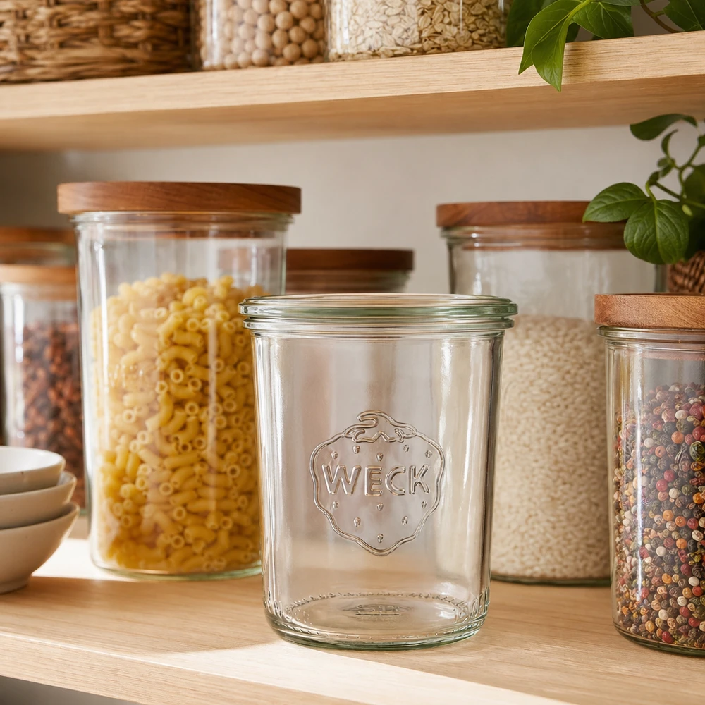 160ml zavařovací sklenice WECK RR60 s dřevěným dřevem WECK Sturzglas 160ml RR60 leer in Pantry mit gefüllten Vorratsgläsern für Lebensmittel Aufbewahrung