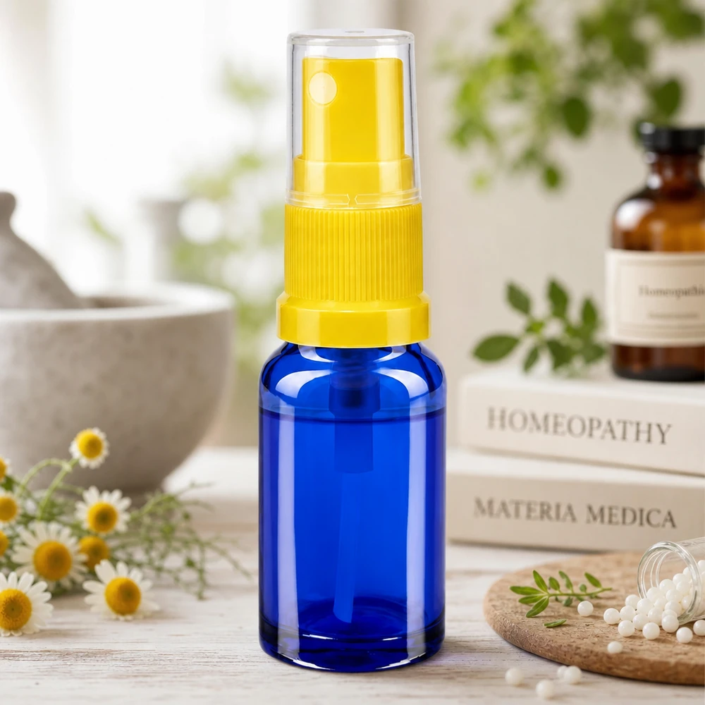 Lékárenská lahvička modrá 10ml s rozprašovačem žlutá Miniatur Sprühflasche 10ml aus kobaltblauem Apothekenglas mit gelbem Dosierzerstäuber STD