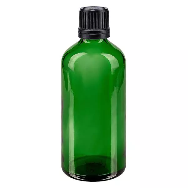 Lékárenská láhev zelená 100ml šroubovací uzávěr černý nalévací kroužek nedovolená manipulace s uzávěrem