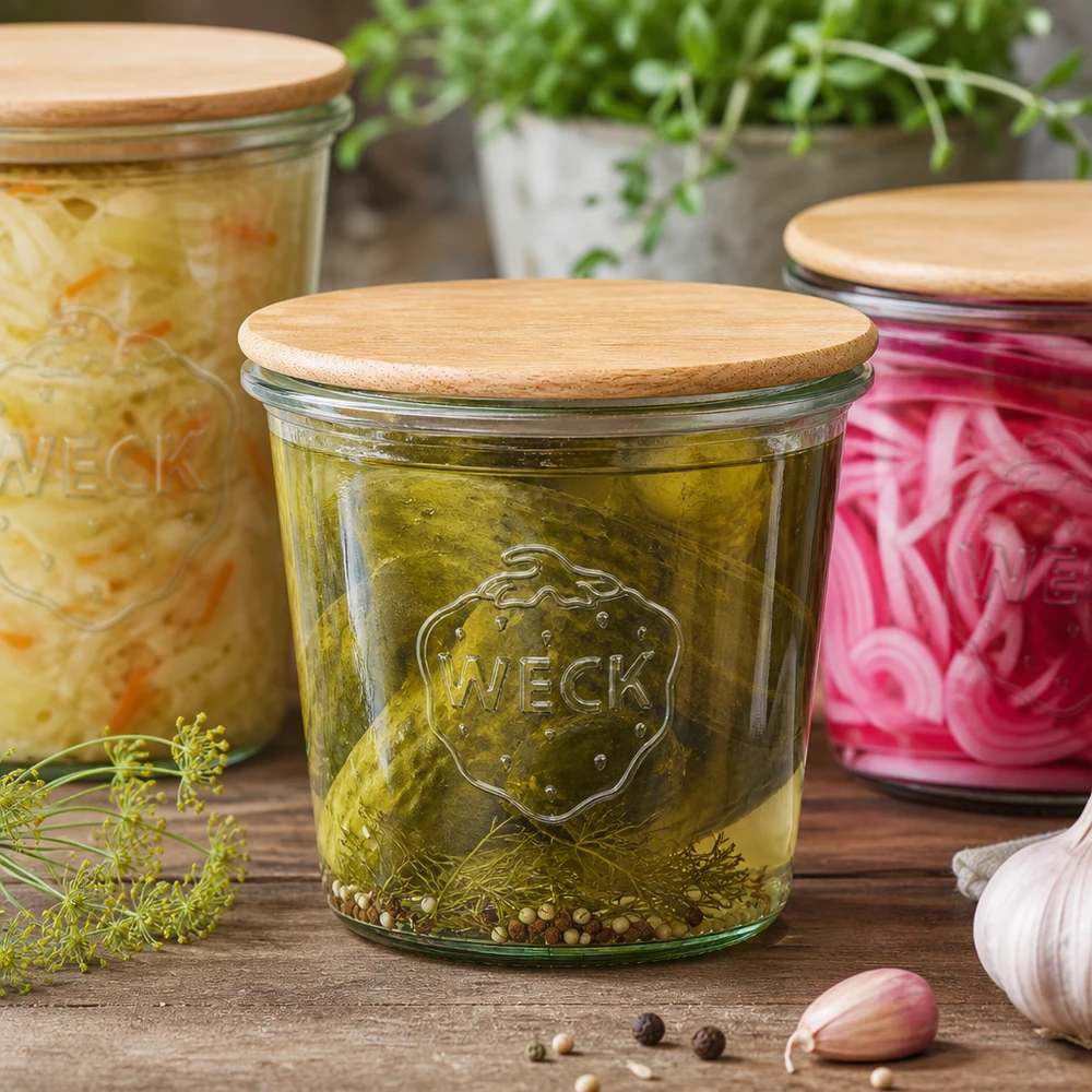 WECK Sturzglas 580ml mit Holzdeckel gefüllt mit eingelegten Gewürzgurken, Küchenszene mit frischen Kräutern und Knoblauc