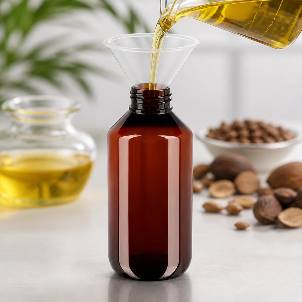 PET láhev 200ml s bílým rýhovaným uzávěrem s ochranou proti manipulaci. Hnědá PET láhev o objemu 200 ml při plnění arganovým olejem pomocí trychtýře na bílém pozadí