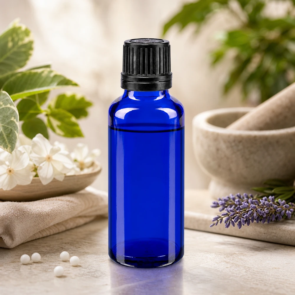 Lékárenská láhev modrá 30ml šroubovací uzávěr černý nalévací kroužek nedovolená manipulace s uzávěrem UV-Schutz Glasflasche 30ml kobaltblau mit 8mm Originalverschluss für Naturheilmittel