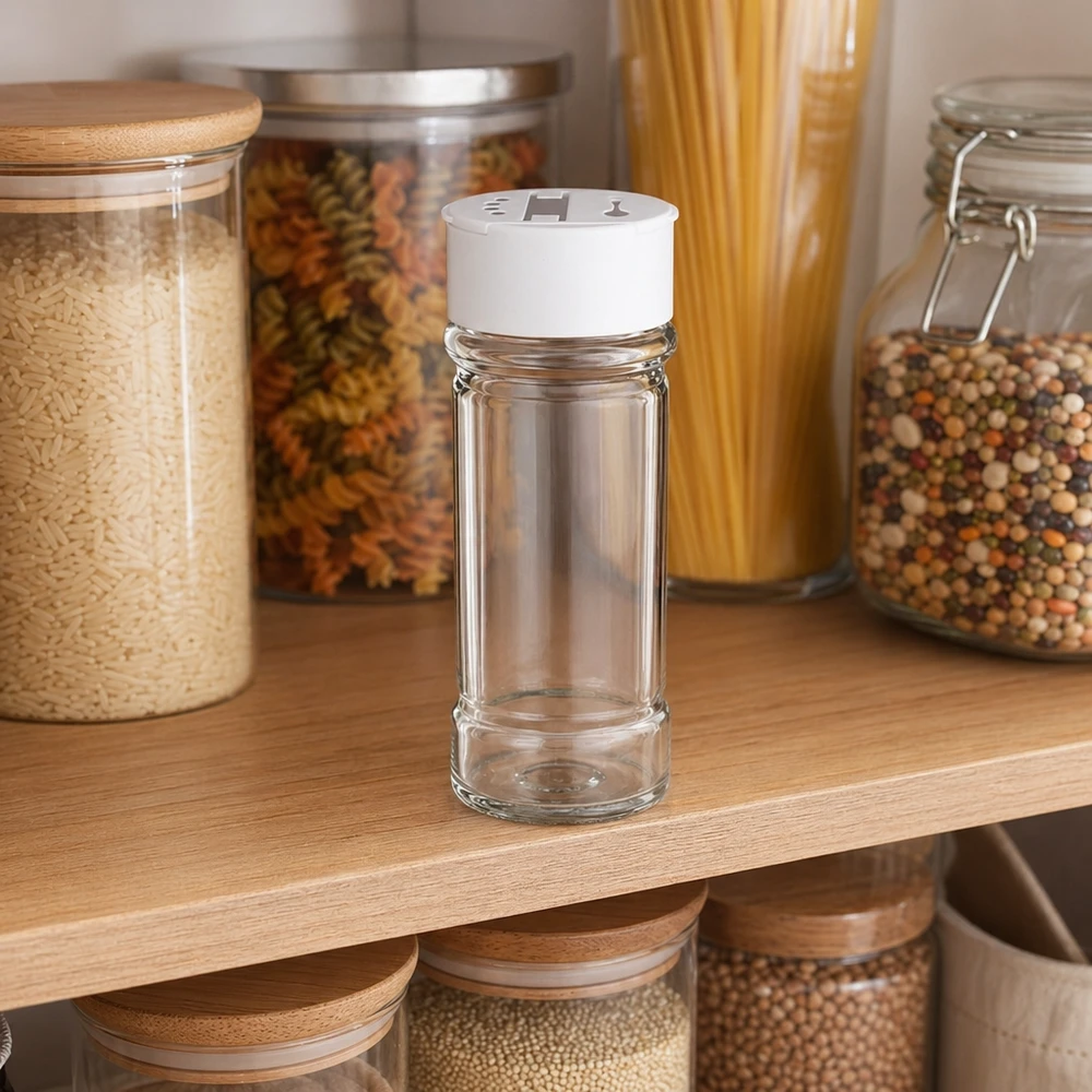 Dóza na sůl/koření 100 ml s dvojitým šejkrem bílá Zylindrisches Vorratsglas 100ml mit weißem Streuerdeckel ideal für Salz und Gewürze