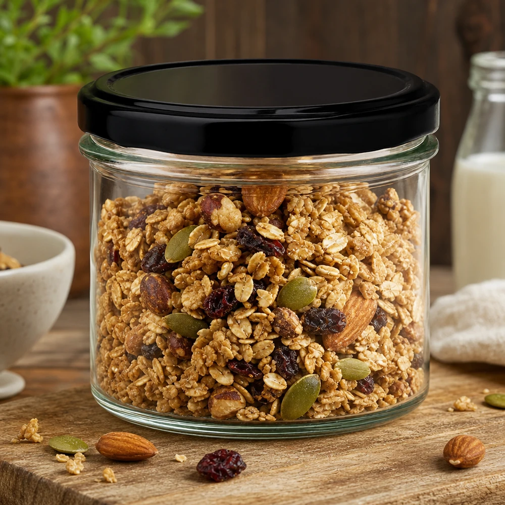 225ml kelímky s víčkem BasicSeal černé UNiTWIST 225ml Sturzglas mit schwarzem Deckel gefüllt mit Müsli und Nüssen - praktische Lebensmittelaufbewahrung