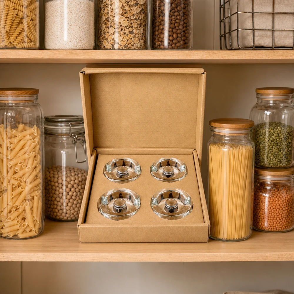 Zátěže na fermentační sklenice s rukojetí, sada 4 kusů UNiTWIST UNiTWIST Fermentier-Glasgewichte 4er Set in Vorratsregal zwischen Einmachgläsern mit Pasta und Hülsenfrüchten