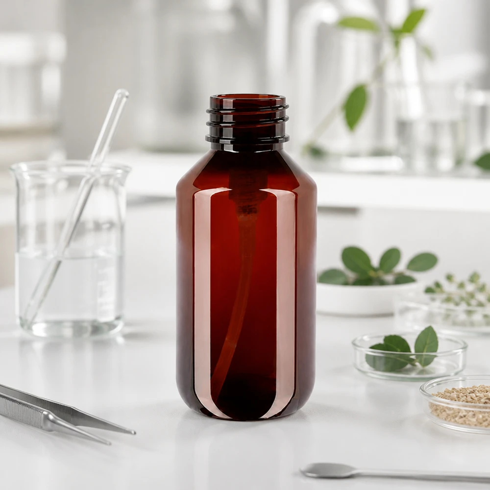 PET láhev 200ml s dávkovací pumpičkou černá Prázdná 200ml PET láhev jantarové barvy se šroubovacím uzávěrem pro černé dávkovací čerpadlo