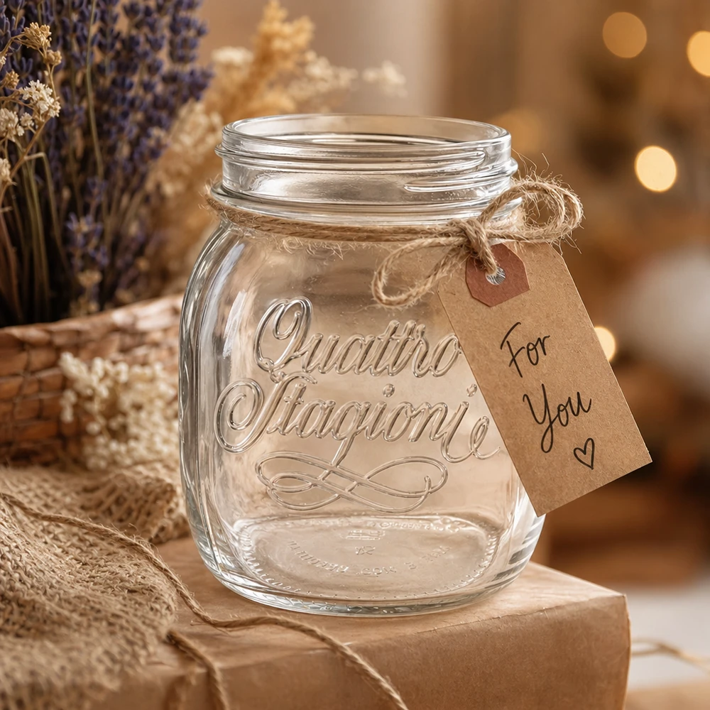 700ml Quattro Stagioni Haushaltsglas mit Geschenkanhänger auf rustikalem Holztisch mit Lavendel Dekoration
