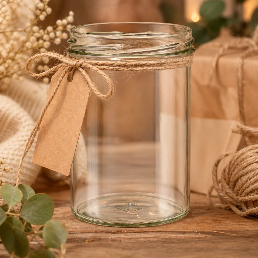 Tumbler o objemu 435 ml bez víčka (TO82) UNiTWIST UNiTWIST Sturz435 Einmachglas 435ml dekorativ mit Juteschnur und Geschenkanhänger auf rustikalem Holztisch