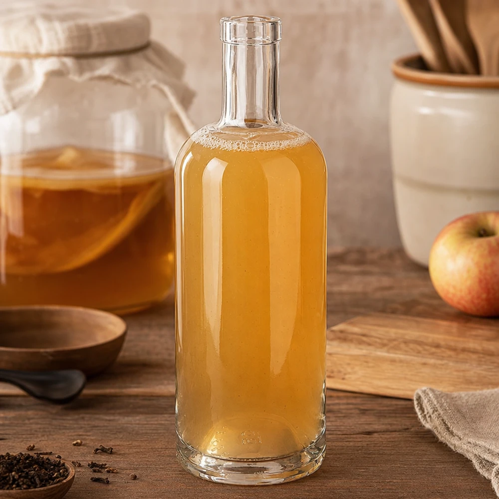 750ml Glasflasche "Attila" ohne Verschluss UNiTWIST® 750ml Glasflasche Emma mit Apfelessig gefüllt in rustikaler Küche neben Apfel und Küchenutensilien auf Holzbrett