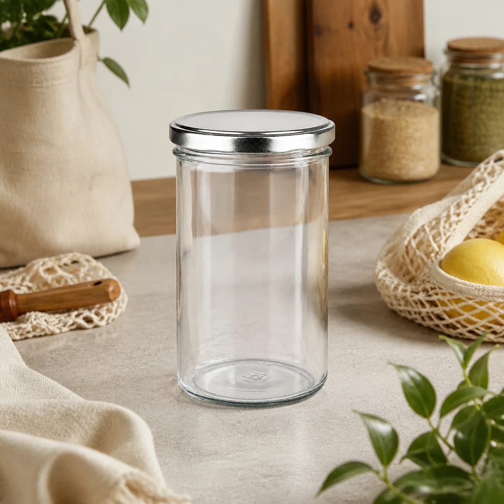 277ml kelímky s víčkem BasicSeal stříbrné UNiTWIST 277ml Sturzglas mit BasicSeal Deckel silber in nachhaltiger Zero-Waste Küche neben Korbwaren und Vorratsgläsern