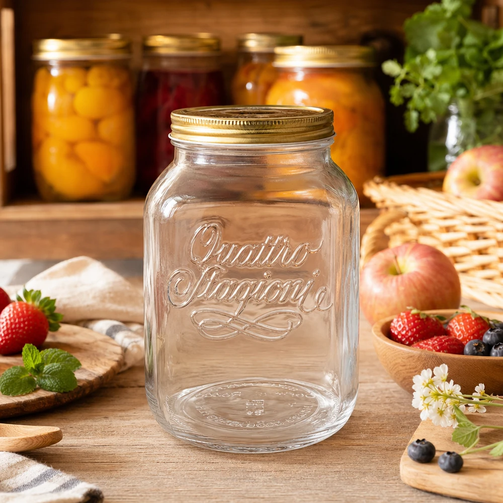 3000ml kulatá dóza "Quattro Stagioni" s víčkem 3000ml Quattro Stagioni Einmachglas in rustikaler Küche mit frischen Früchten und Konserven im Hintergrund