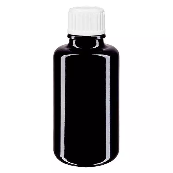 Lékárenská láhev fialová 30ml šroubovací uzávěr bílé globule standardní Lékárenská láhev fialová 30ml šroubovací uzávěr bílé globule standardní