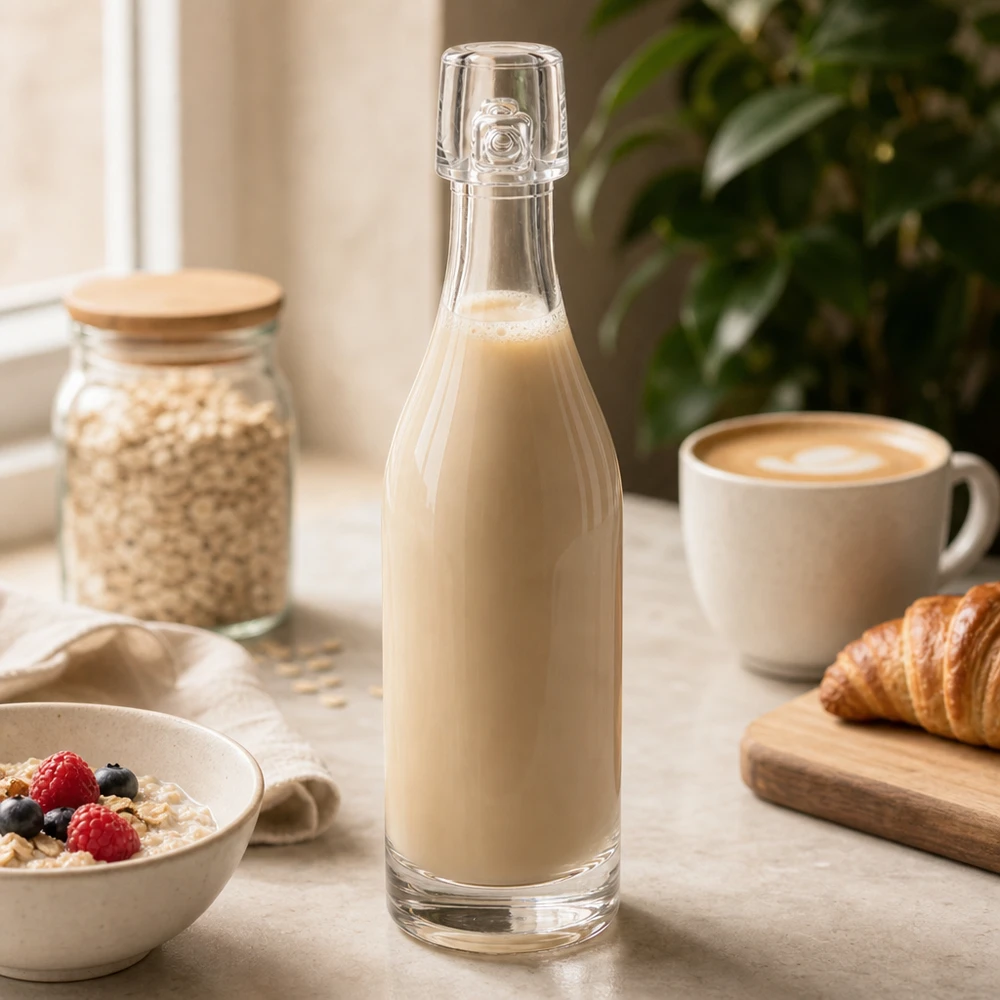 Skleněná lahvička 50 ml bez otočného uzávěru UNiTWIST 50ml Glasflasche UNiTWIST mit Hafermilch befüllt zwischen Frühstückszutaten Müslischale und Croissant Küchentisch