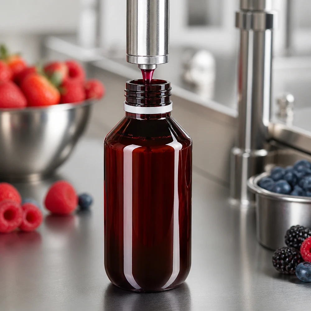 Plnění ovocného džusu do hnědých PET lahví o objemu 200 ml s bílým uzávěrem zaručujícím neporušenost