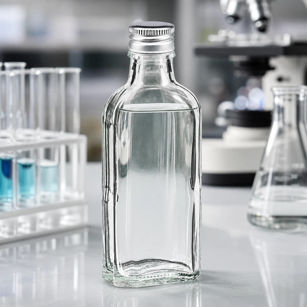 Kompakte 100ml Meplat Flasche aus Klarglas mit silbernem PP22 Aluminiumverschluss