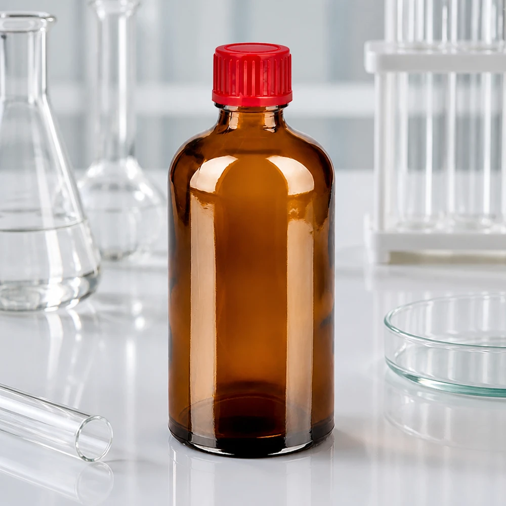 100ml láhev 11mm šroubovací uzávěr červená Standard BrownLine UT18/100 Vielseitige 100ml BrownLine Flasche mit rotem UT18 Verschluss für Kosmetik und Pharmazie