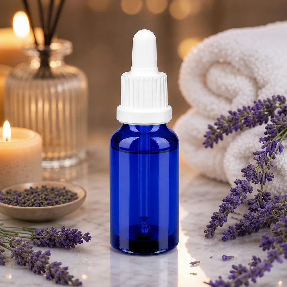 Stilvolle 20ml Glasflasche mit Pipettenaufsatz in Blau perfekt für selbstgemachte Hautpflege