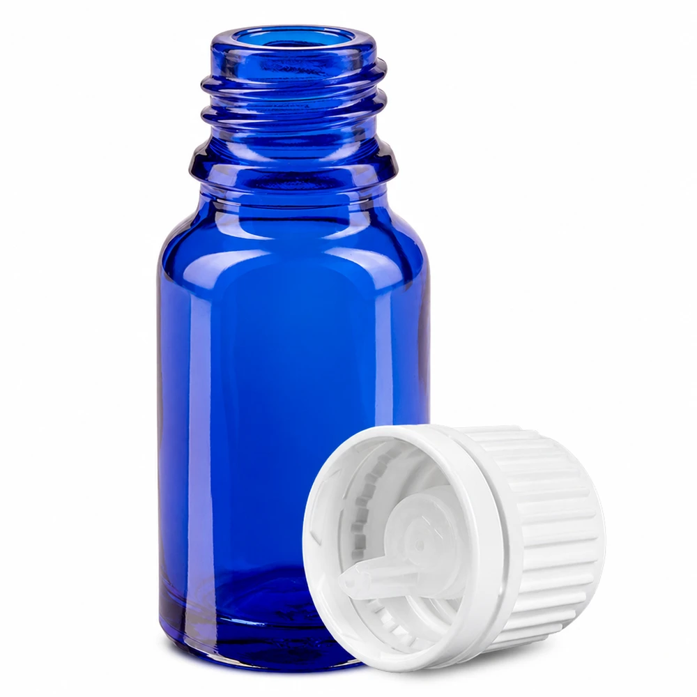 10ml lahvička s kapátkem 0,7 mm bílá s uzávěrem proti neoprávněné manipulaci BlueLine UT18/10. BlueLine Tropfflasche 10ml kobaltblau mit weissem Dosieraufsatz für professionelle Anwendung