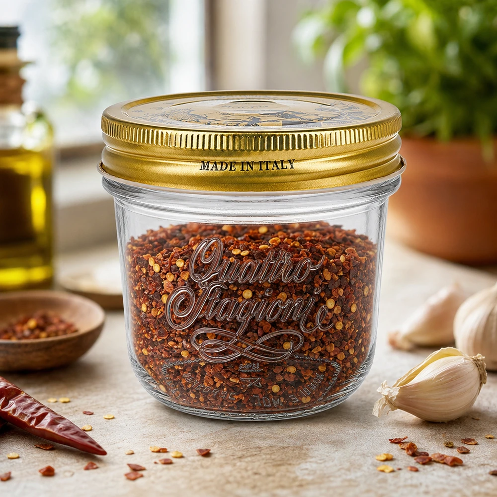 200ml kelímky "Quattro Stagioni" s víčkem 200ml Quattro Stagioni Sturzglas mit goldenem Deckel gefüllt mit Chili-Gewürzmischung Made in Italy auf Küchenarbeitspla