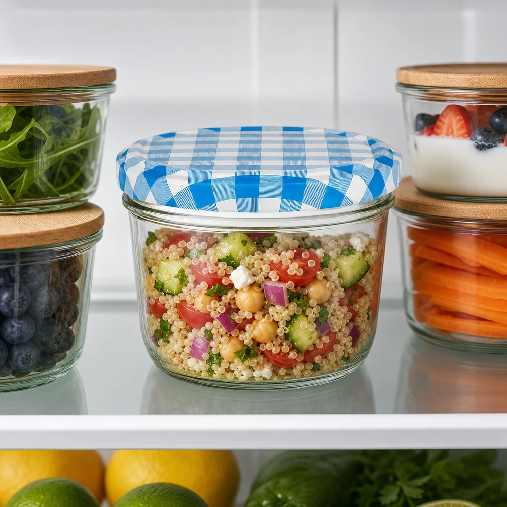 230ml kelímky + víčko BasicSeal modré/bílé UNiTWIST 230ml Sturzglas mit blau-weißem BasicSeal Deckel als Meal-Prep Container für Quinoasalat im Kühlschrank