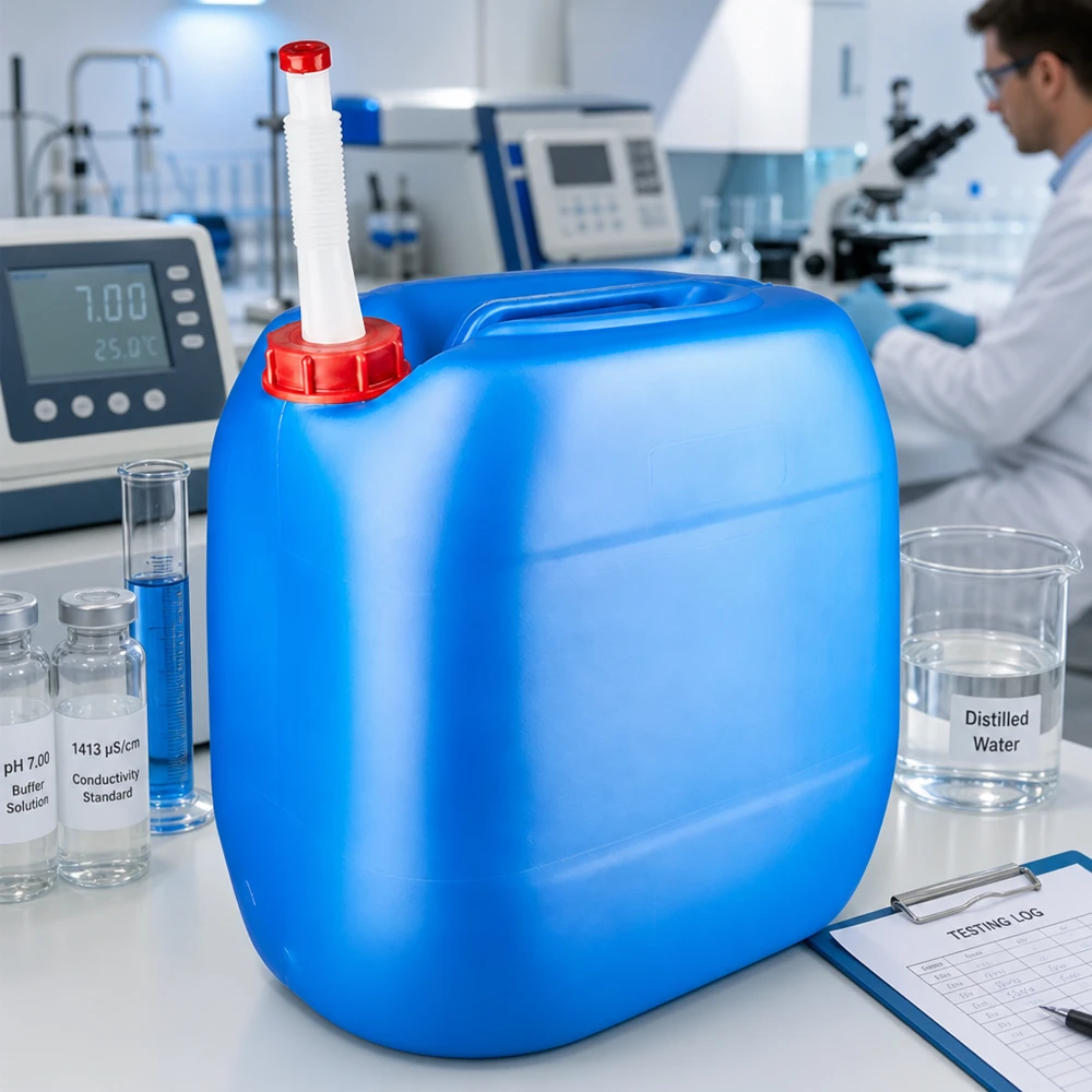 Kanystr 30 litrů modrý s výpustným potrubím Flex Chemikalienkanister 30L mit weißem Flex-Rohr für sichere Lagerung und Ausgabe im Laborbereich