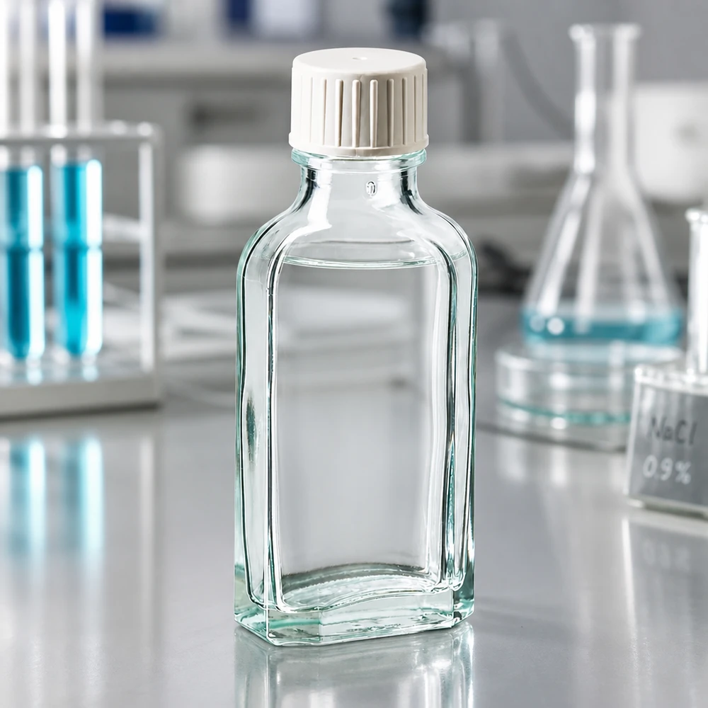 50 ml Apothekerflasche aus Klarglas mit weißem Schraubdeckel und Ausgießhilfe