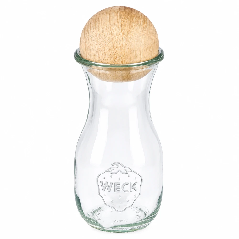 290ml láhev na džus WECK RR60 s dřevěnou kuličkou buk WECK Saftflasche 290ml RR60 aus Glas mit Holzkugel Buche als Verschluss, klassisches Design für Getränke