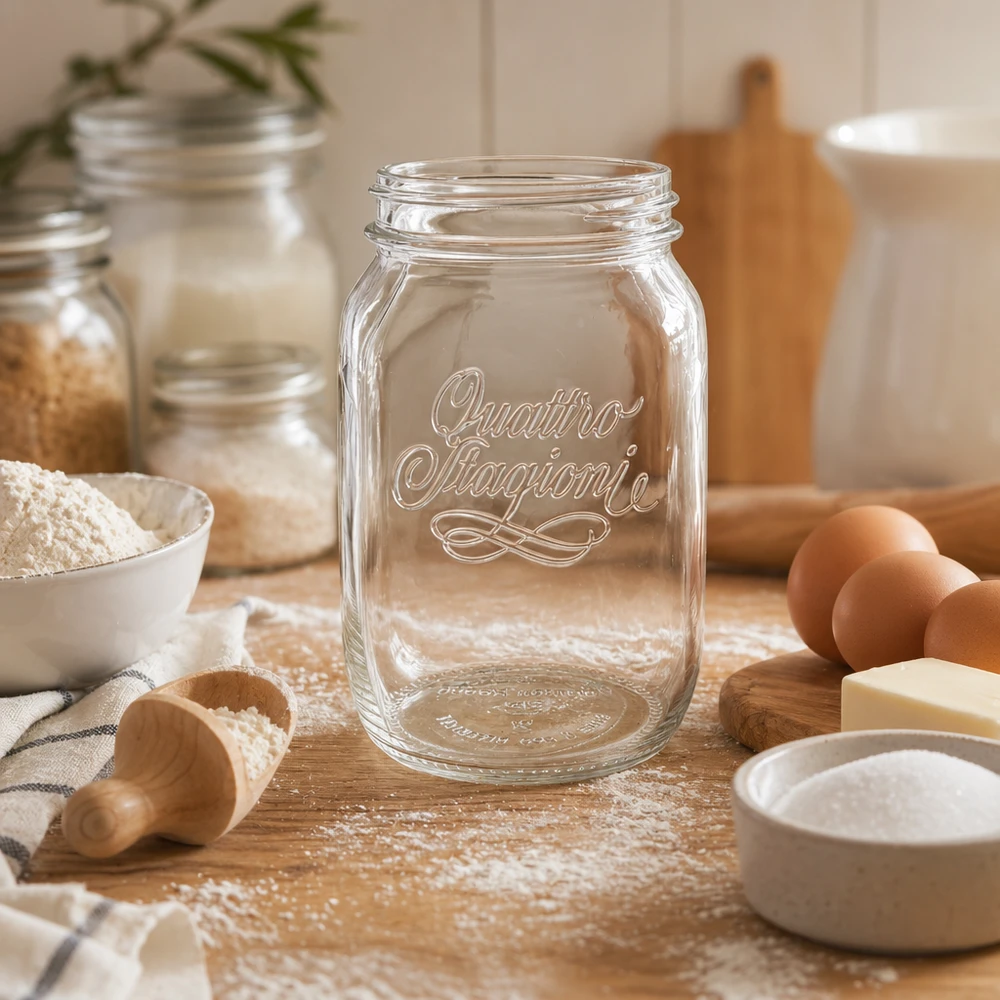 1000ml Quattro Stagioni Haushaltsglas leer auf Holztisch mit Backzutaten Mehl Eiern und Küchenutensilien