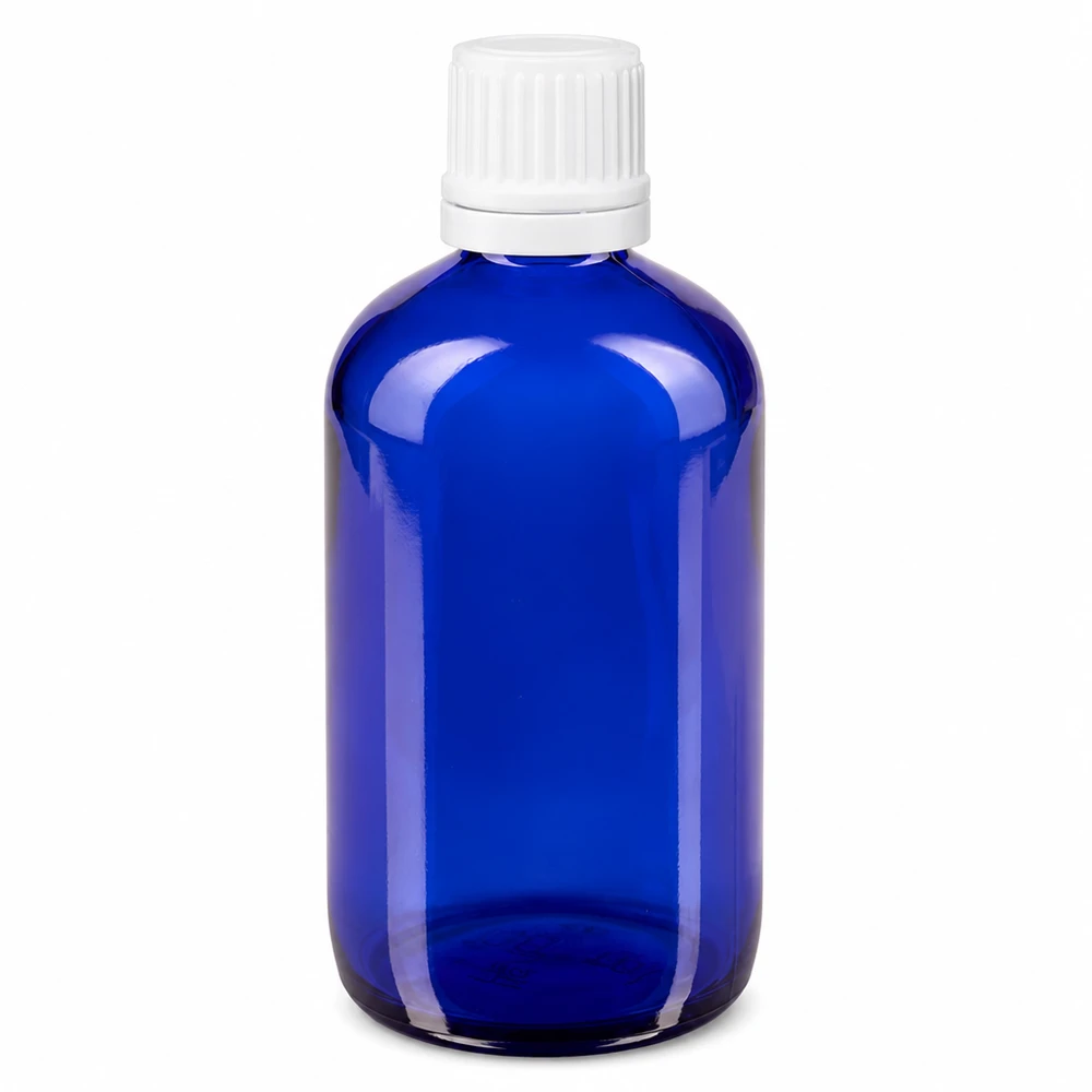 100ml UV-Schutz Tropfflasche blau mit weißem Originalitätsverschluss für ätherische Öle