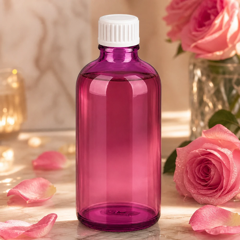 100ml (globulová) lahvička s 3mm nalévacím kroužkem bílá Standard PurpleLine. UT18/100 Kompakte 100ml Glasflasche in Violett mit auslaufsicherem weißem Deckel für Reisen
