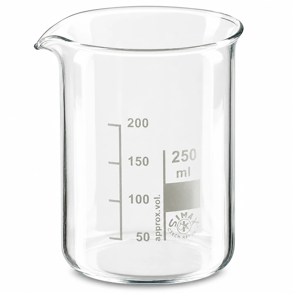 Präzisions-Messbecher 250ml aus temperaturbeständigem Borosilikatglas niedrige Ausführung